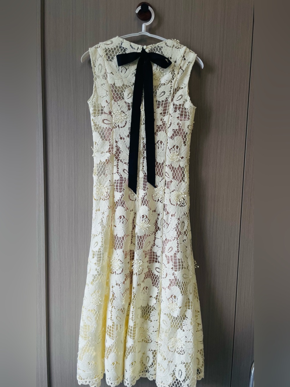 Self-Portrait Light Yellow Floral Lace Midi Dress with Black Neck Bow